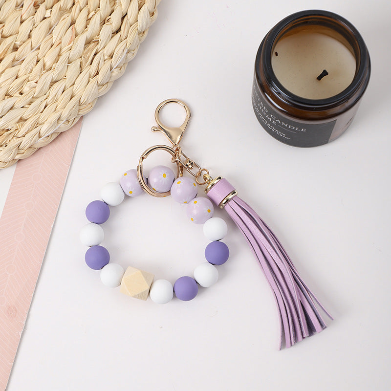 Wholesale Tassel Silicone Wooden Bead Bracelet Keychain
